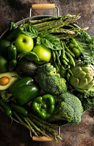 Variety of green vegetables and fruits